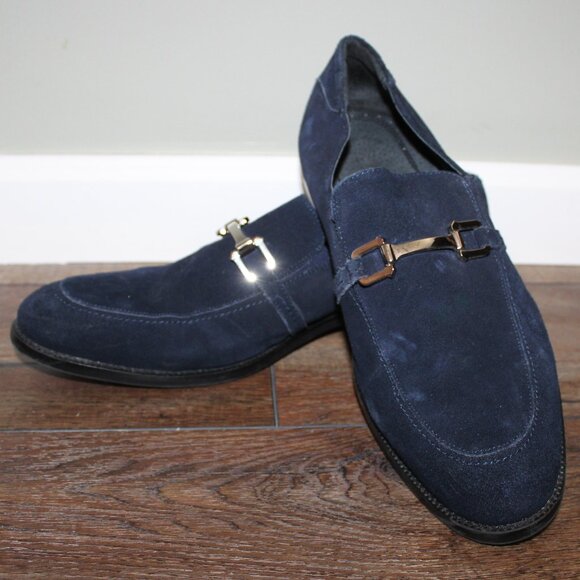 Stacy Adams 10M Men's Blue Suede Slip-On Loafers Dress Shoes w/ Chrome Buckle - Picture 1 of 16
